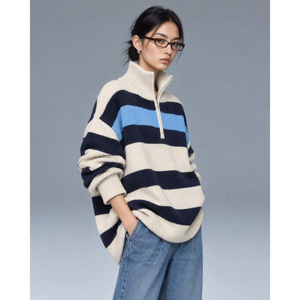 Aerie Striped Quarter Zip Pullover Sweater XL Navy Blue Cream Ribbed Knit NWOT